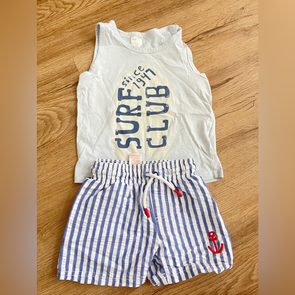 Zara style set blue swim trunk and sleeveless surf club top size 12-18 months